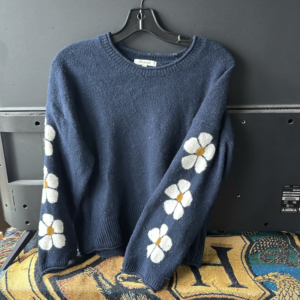 Madewell Blue Sweater with White Floral Sleeves